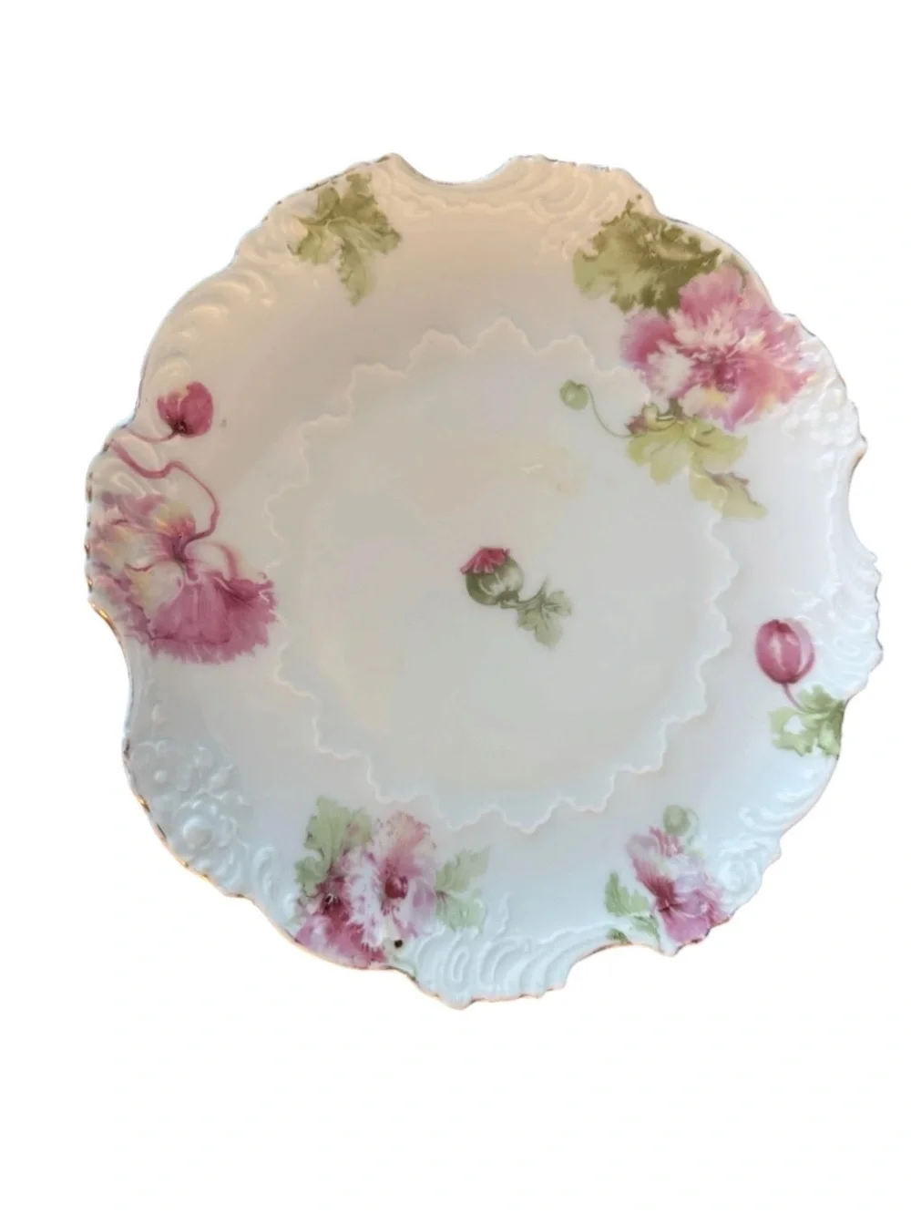 Antique German Porcelain Floral Plate Pink Flowers Gold Trim 8 Inch